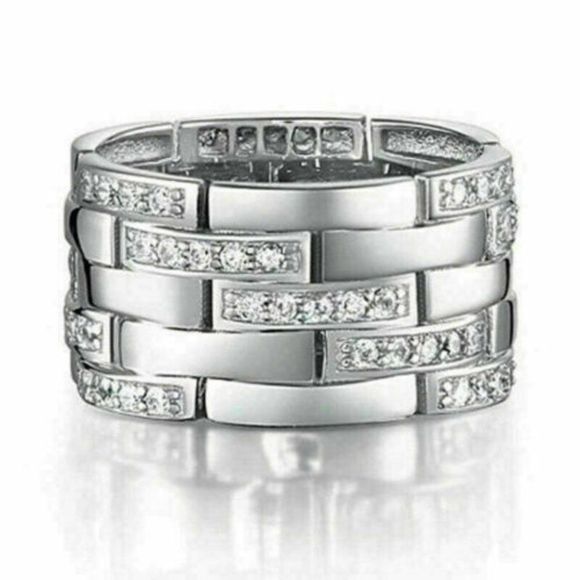 STERLING SILVER DIAMOND INLAY RING SIZE 6, 7, 8 - Picture 1 of 7